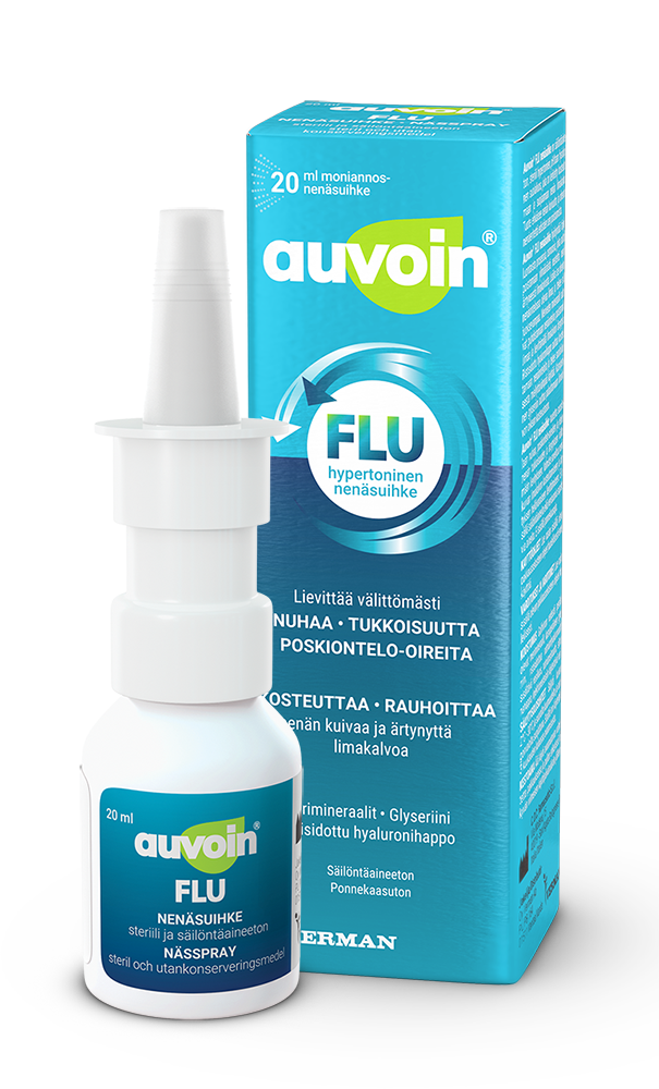 Auvoin FLU nenäsuihke 20 ml -Kaksivaikutteinen nenäsuihke tukkoiselle nenälle