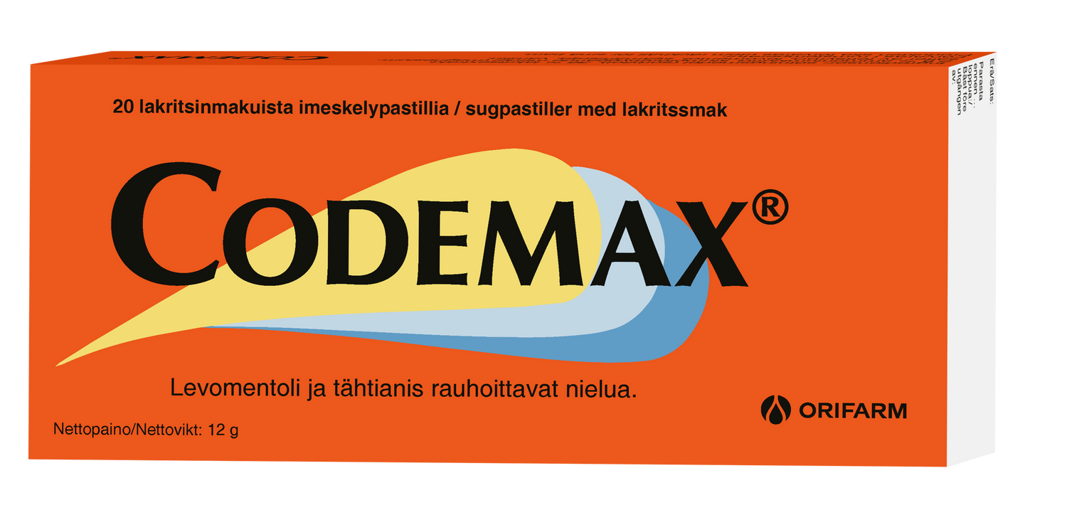 Codemax -lakritsin makuinen imeskelytabletti -eri kokoja