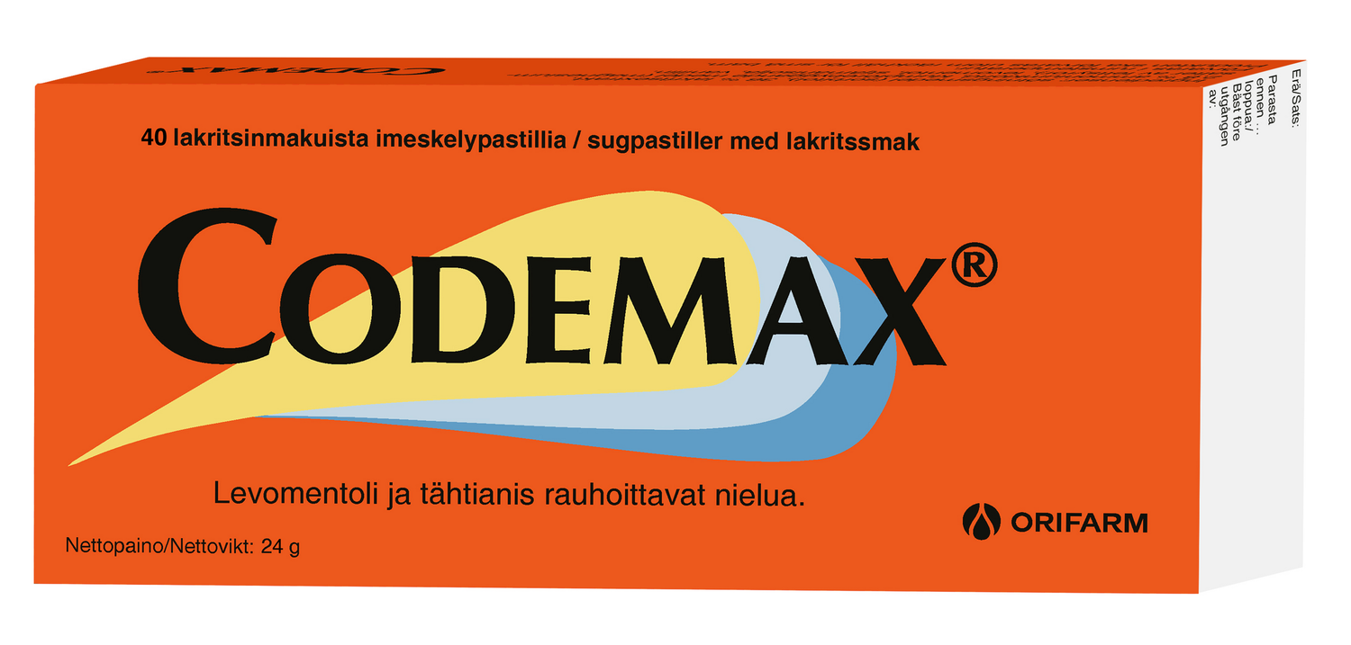 Codemax -lakritsin makuinen imeskelytabletti -eri kokoja