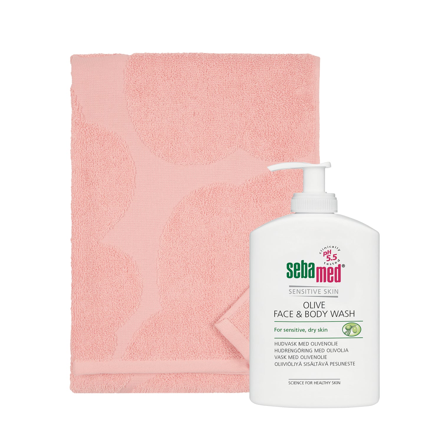 Unikko-käsipyyhe (50 x 70 cm) ja Sebamed Olive Face & Body pesuneste 300 ml