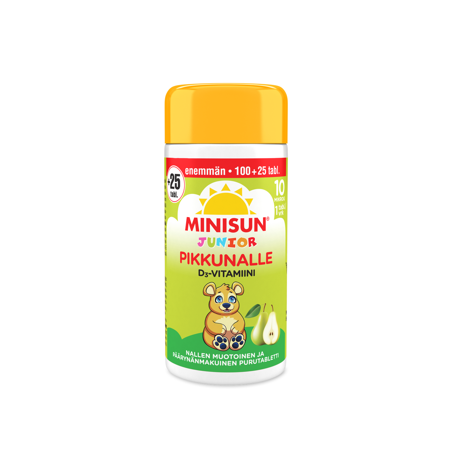 Minisun D-vitamiini 10 mikrog Päärynä Nalle junior 100+25 tablettia BONUSPAKKAUS