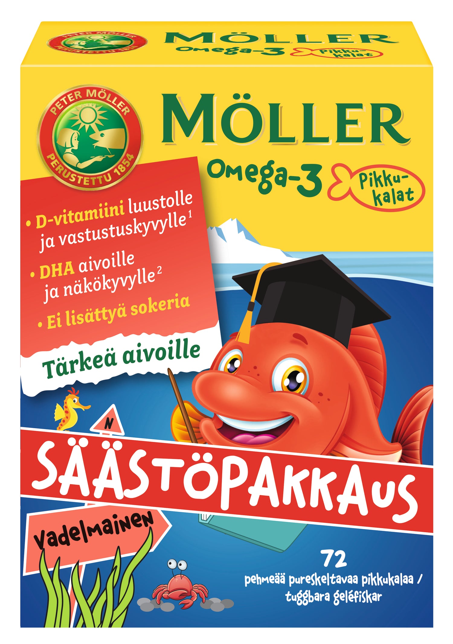 Möller Omega-3 Pikkukalat vadelmainen säästöpakkaus 72 kpl