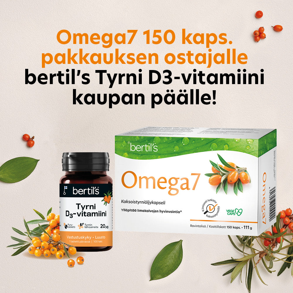 Omega7 tyrniöljykapseli 150 kapselia +Bertil´s Tyrni D3 -vitamiini Kaupan päälle!