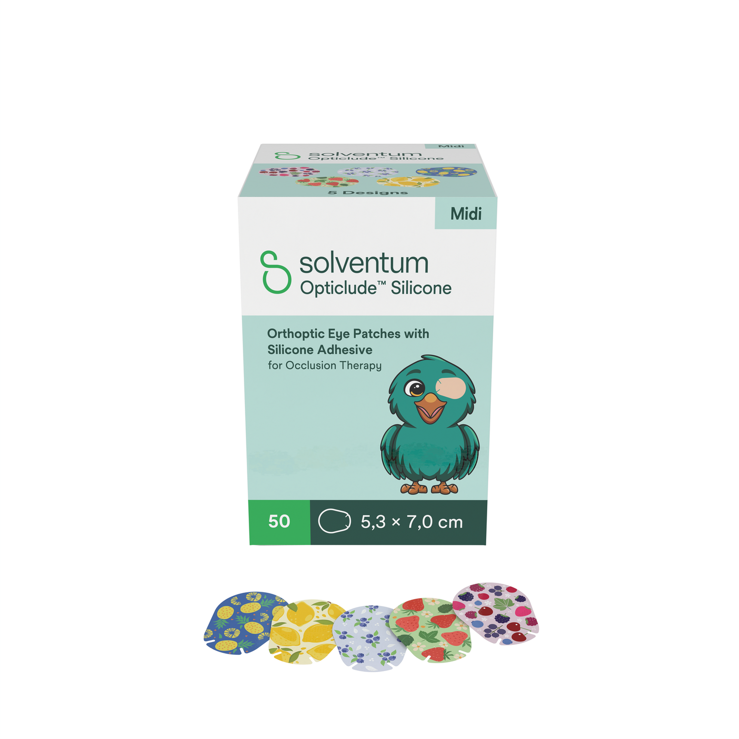 Opticlude™ Silicone Midi silmälappu 3-6 v. lapsille 5,3 x 7,0 cm, hedelmäkuosit 50 kpl