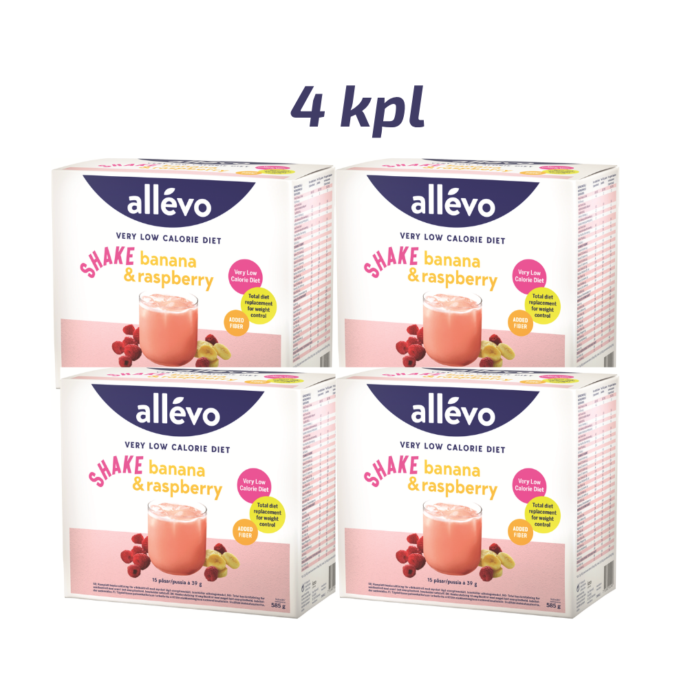 Allevo VLCD Shake Banaani&Vadelma säästöpakkaus 4 x 15 pss