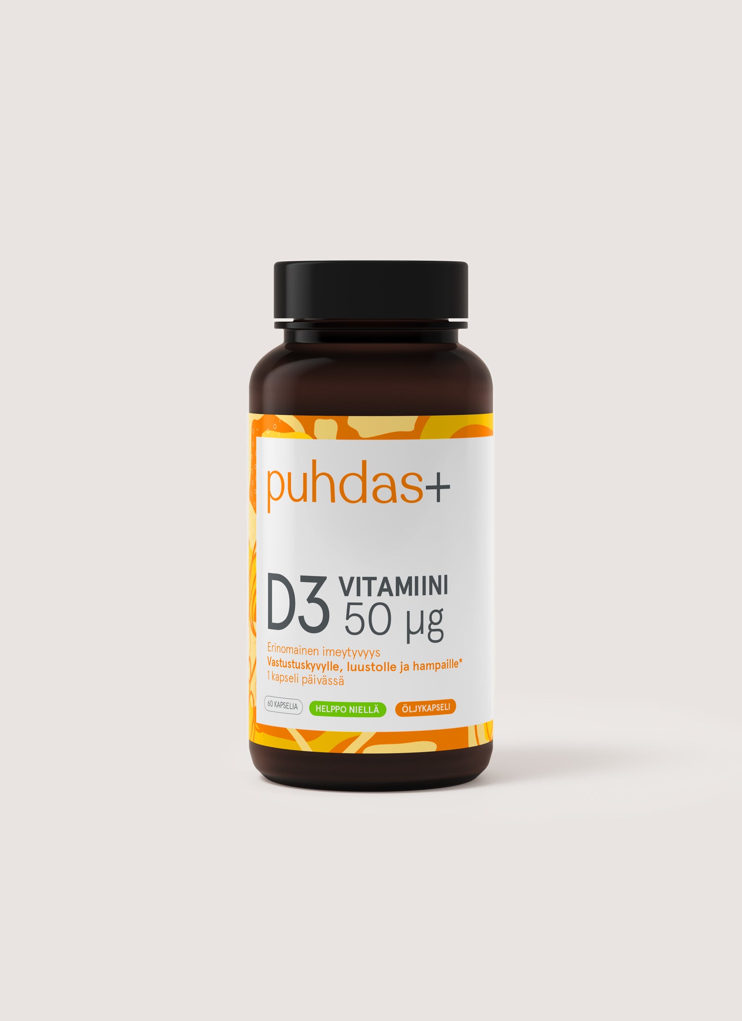 Puhdas+ D3-vitamiini oliiviöljyssä 50 mikrog 60 kaps