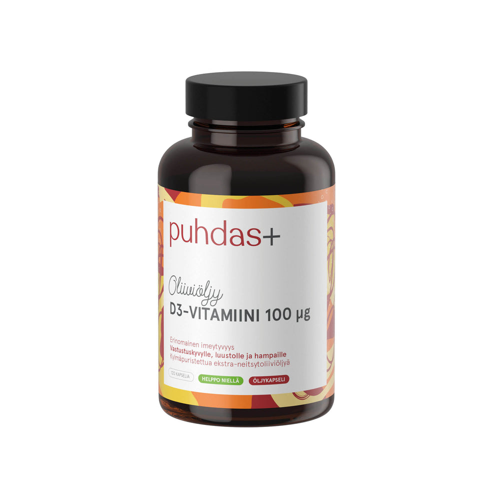 Puhdas+ D3-vitamiini oliiviöljyssä 100 mikrog 120 kaps