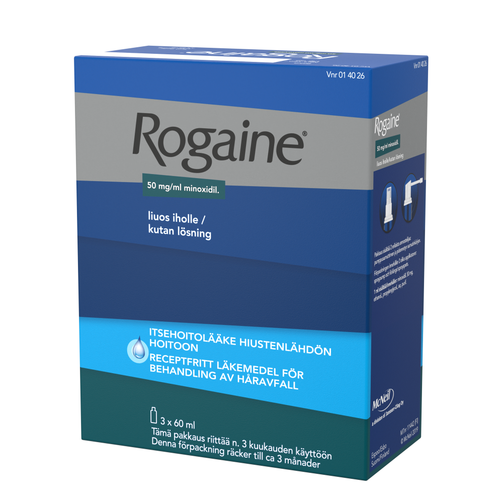 Rogaine 50 mg/ml lääke hiustenlähdön hoitoon - eri kokoja