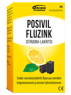 Posivil FluZink Sitruuna-lakritsi 40 tablettia -sinkkiasetaattia sisältävät imeskelytabletit