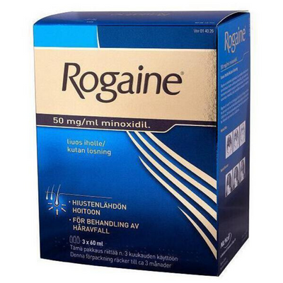 Rogaine 50 mg/ml lääke hiustenlähdön hoitoon - eri kokoja