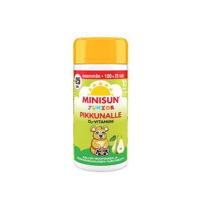 Minisun D-vitamiini 10 mikrog Päärynä Nalle junior 100+25 tablettia BONUSPAKKAUS