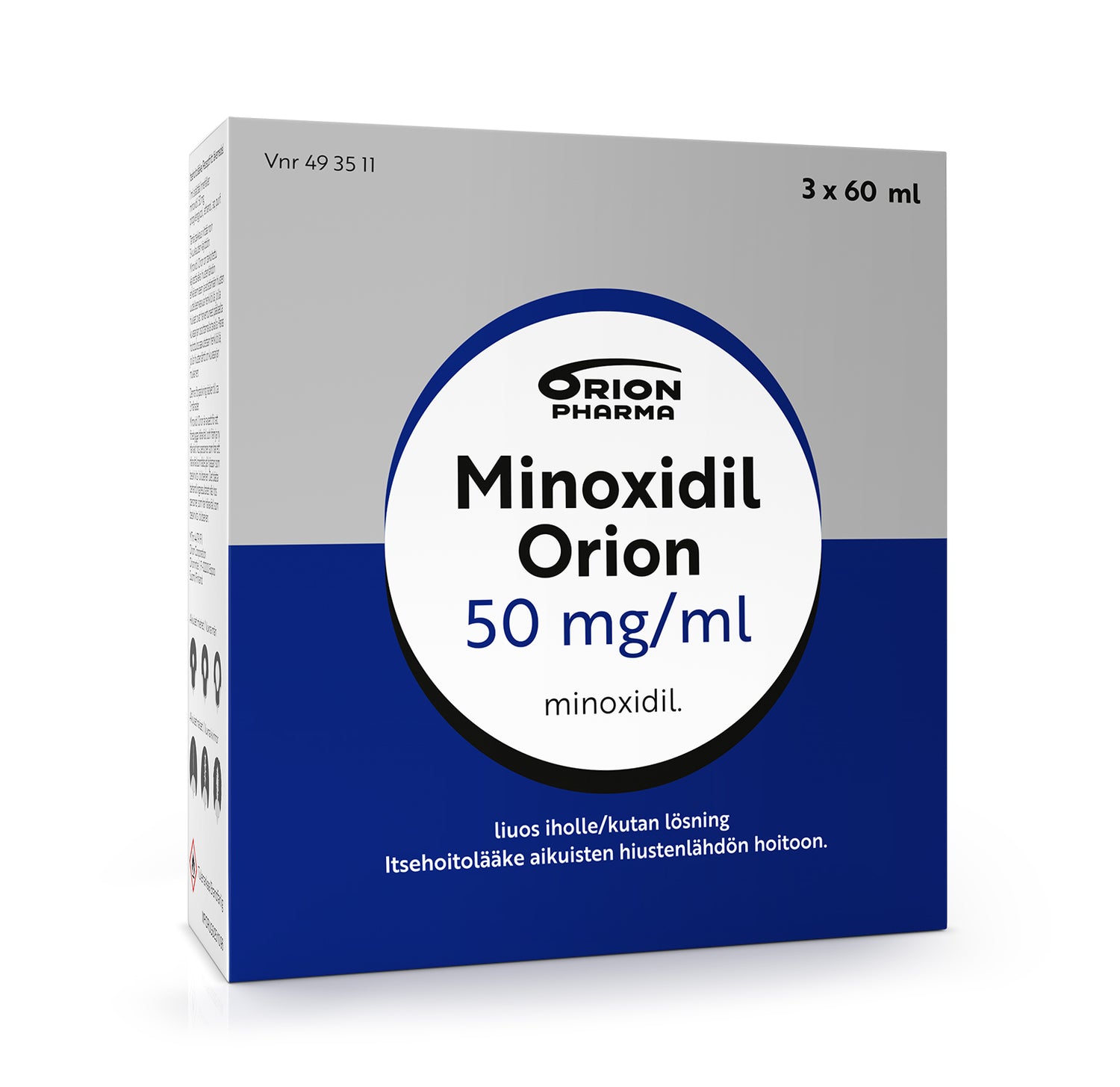 Minoxidil Orion 50 mg/ml Liuos Iholle 3 x 60 ml -itsehoitolääke hiustenlähtöön