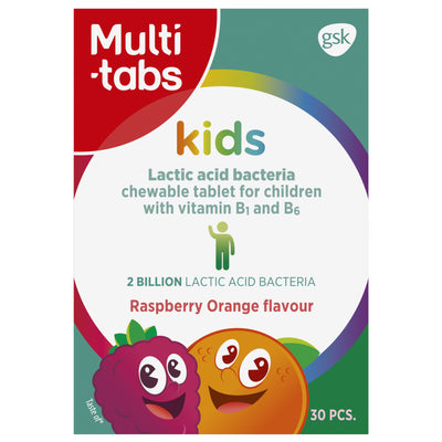 Multi-tabs Kids Maitohappobakt. + B1- ja B6-vitamiini Vadelma-Appelsiini 30 purutabl huom päiväys 31.5.2024