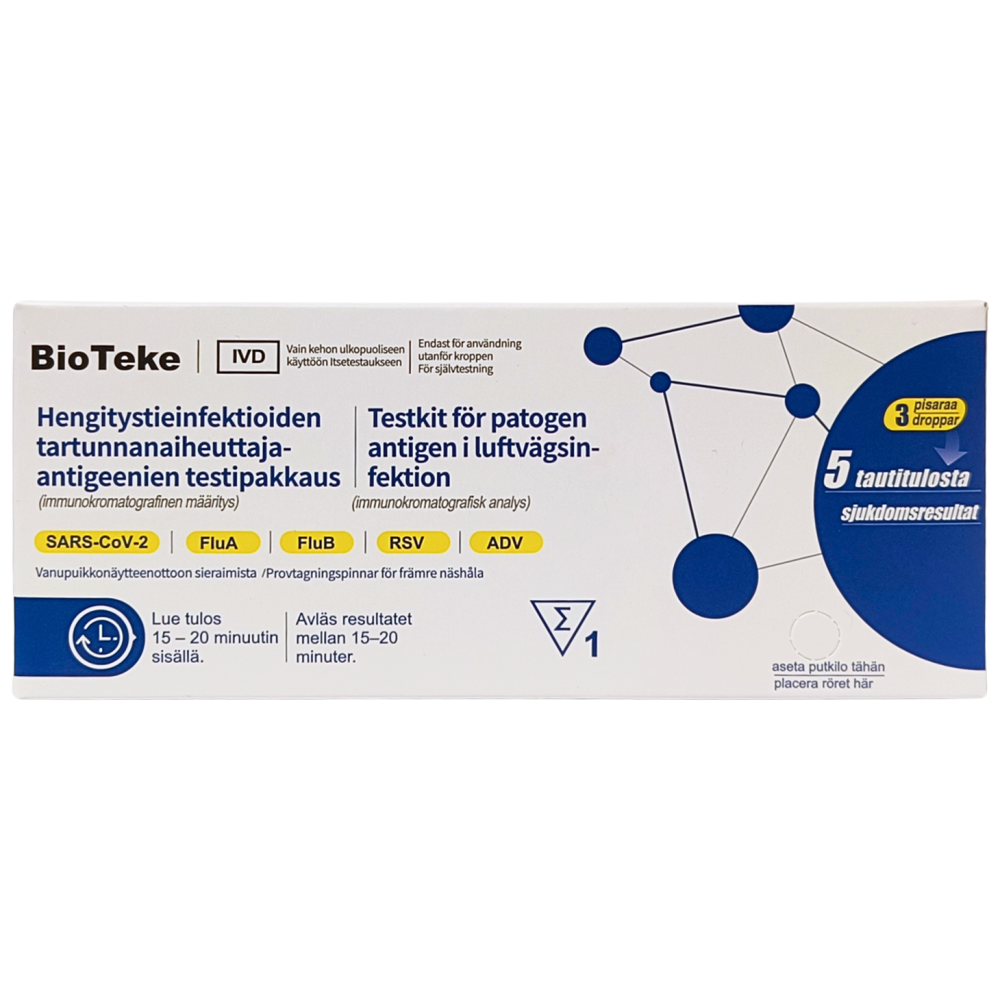 BioTeke 5in1 Hengitystieinfektioiden tartunnanaiheuttaja-antigeenien testipakkaus
