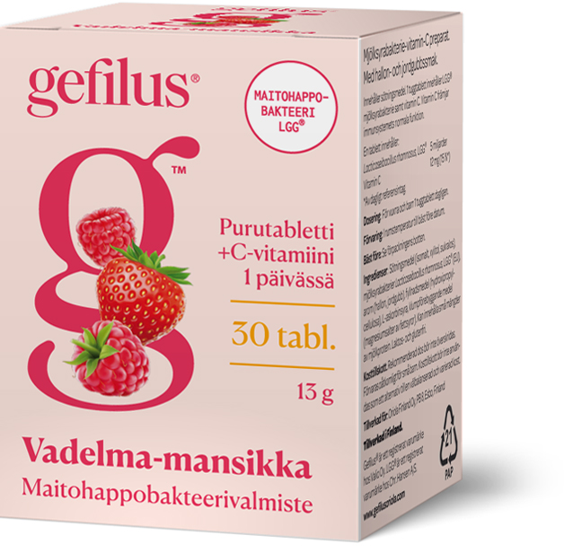 Gefilus vadelma-mansikka purutabletti eri kokoja - Apteekkiplus.fi