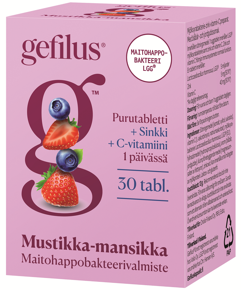 Gefilus C+Sinkki Mustikka-mansikka 30 purutablettia