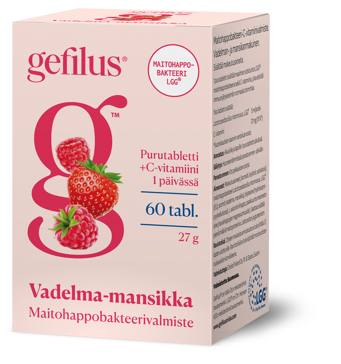 Gefilus vadelma-mansikka purutabletti eri kokoja