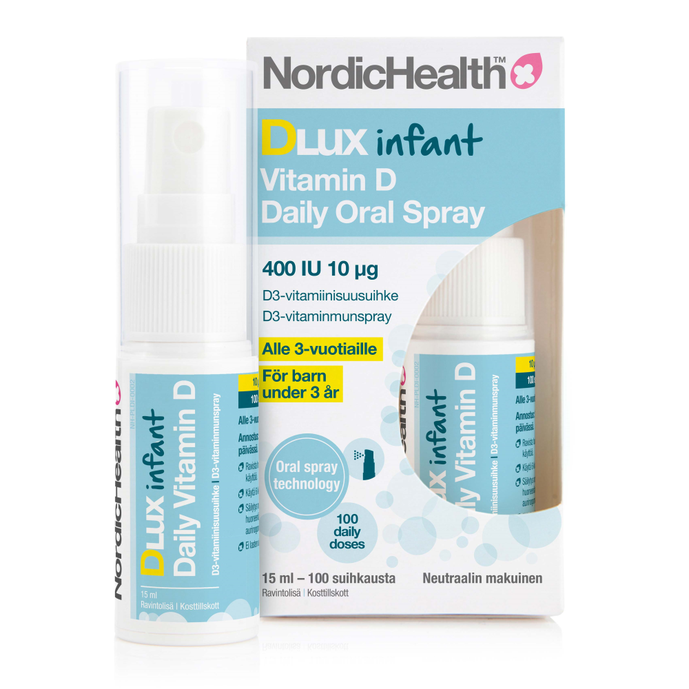 Nordic Health DLux Infant D3-suihke vauvoille 10 mikrog 15 ml 100 annosta