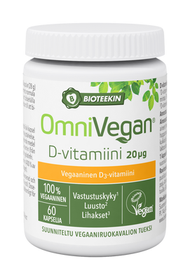 OmniVegan D-vitamiini 20 mikrog. 60 kaps huom päiväys 1.6.2024