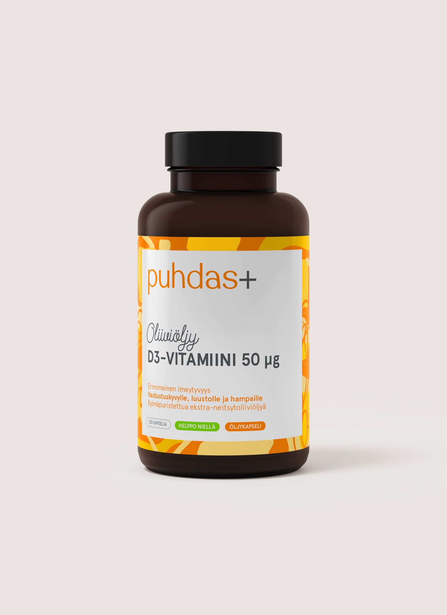 Puhdas+ D3-vitamiini oliiviöljyssä 50 mikrog 120 kaps