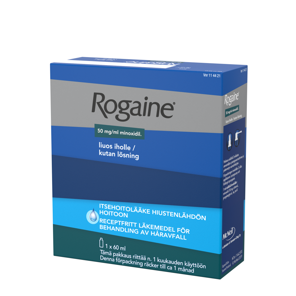 Rogaine 50 mg/ml lääke hiustenlähdön hoitoon - eri kokoja
