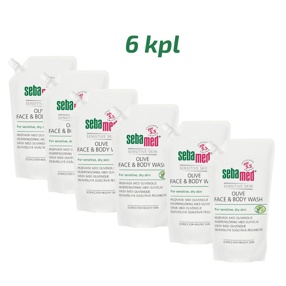 SEBAMED OLIVE FACE & BODY WASH täyttöpussi tukkupakkaus 6 x 1000 ml