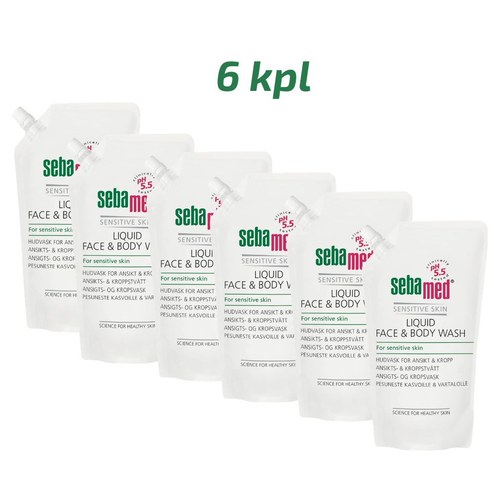 SEBAMED LIQUID FACE & BODY WASH täyttöpussi tukkupakkaus 6 x 1000 ml