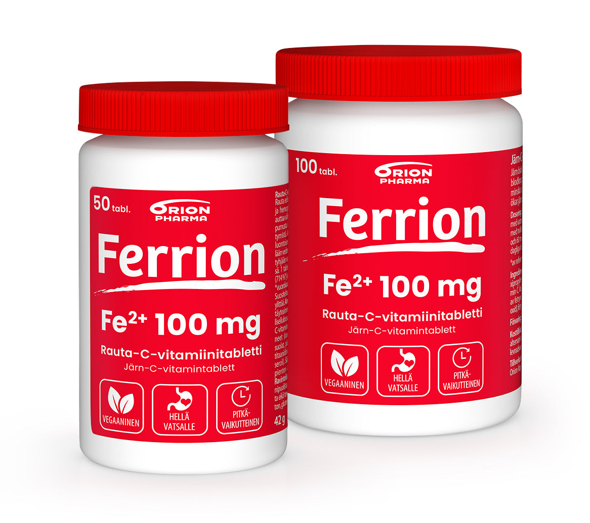 Ferrion 100 mg vahva ja pitkävaikutteinen rautavalmiste -Eri pakkauskokoja