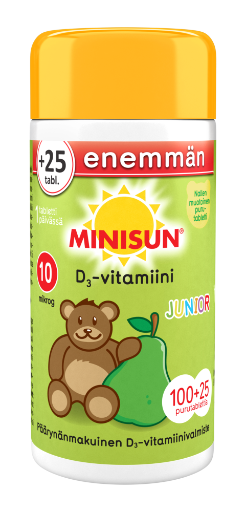 Minisun D-vitamiini 10 mikrog Päärynä Nalle junior 100+25 tablettia BONUSPAKKAUS