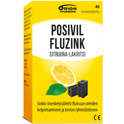 Posivil FluZink Sitruuna-lakritsi 40 tablettia -sinkkiasetaattia sisältävät imeskelytabletit