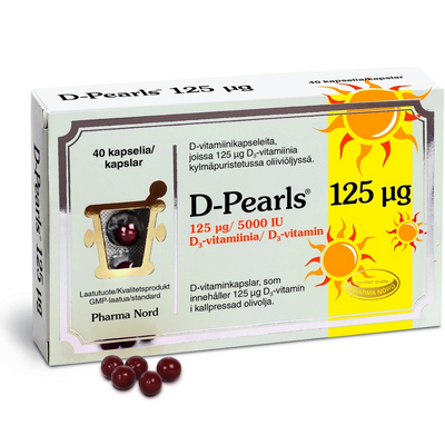 D-Pearls 125 mikrog -kapselit kylmäpuristetussa oliiviöljyssä