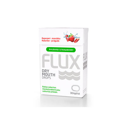 Flux Dry Drops Raparperi-mansikka -imeskelytabletti kuivan suun hoitoon