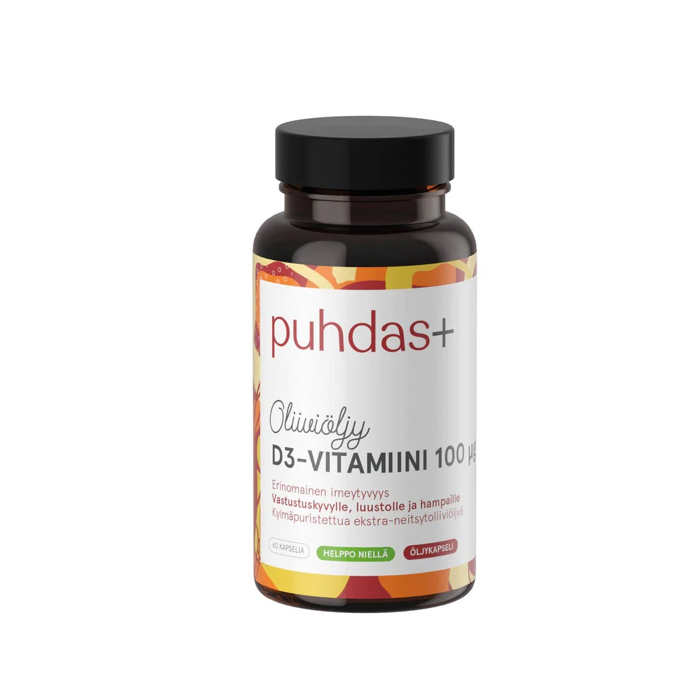 Puhdas+ D3-vitamiini oliiviöljyssä 100 mikrog 60 kaps