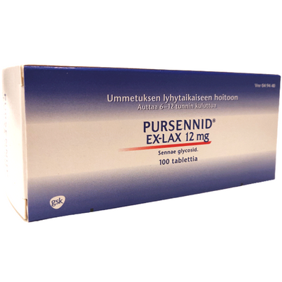 Pursennid Ex-Lax 12 mg tabletit ummetuksen hoitoon -eri kokoja