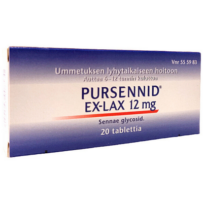 Pursennid Ex-Lax 12 mg tabletit ummetuksen hoitoon -eri kokoja