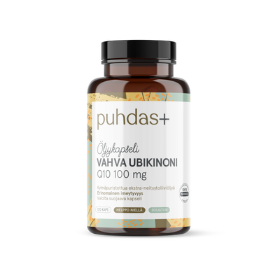 Puhdas+ Vahva Ubikinoni Q10 100 mg Extra-neitsytoliiviöljyssä